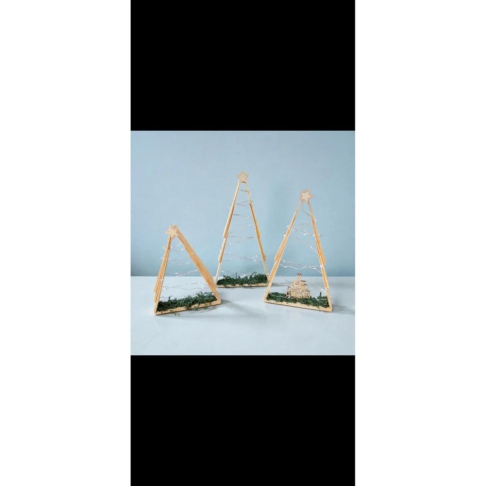 Set of‎ 3 Rustic Wooden Christmas Trees with Lights, 10, 13.5, 15 in. Heights